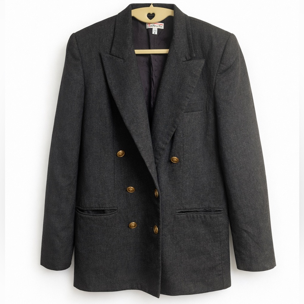 Talbots Charcoal Gray Tuxedo Blazer Jacket Size 8 Gold Button Classic